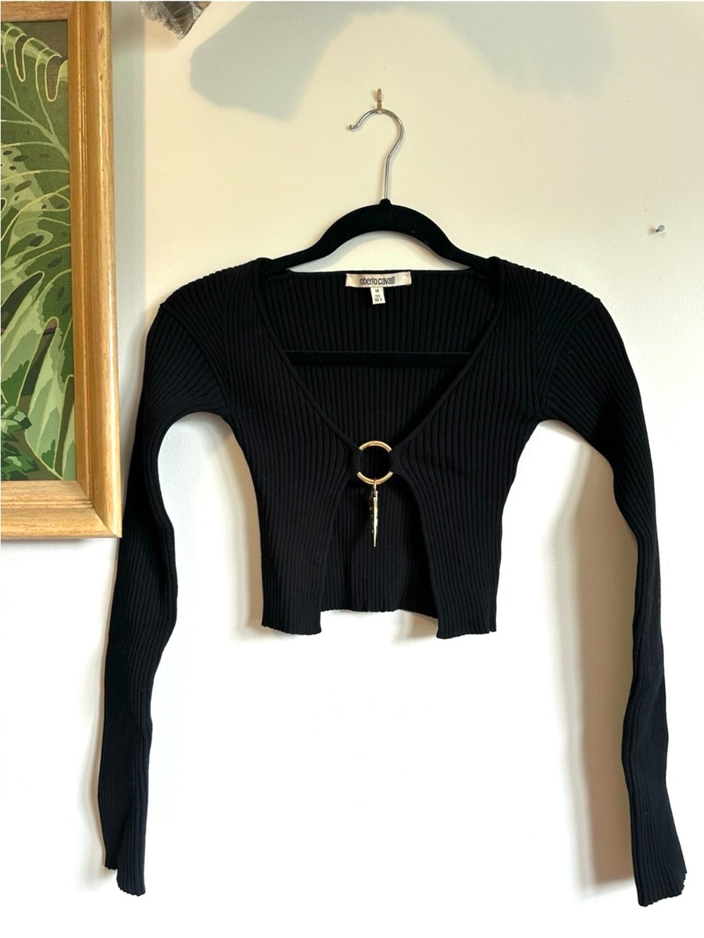 Roberto Cavalli Ribbed Long Sleeve Gold Hardware Top Womens 38 Black XS